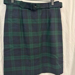 Vintage Jones New York Country Green Plaid Wool Skirt - Sz 10 with Belt